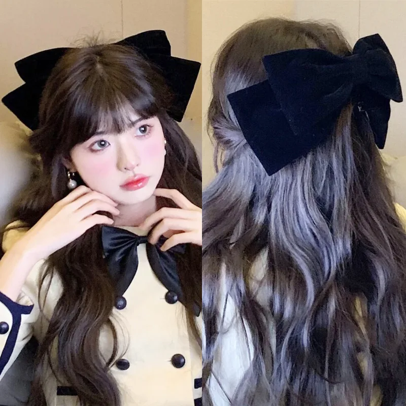 Miss high-end oversized bow headwear hairpin black velvet face small back head hair accessories female