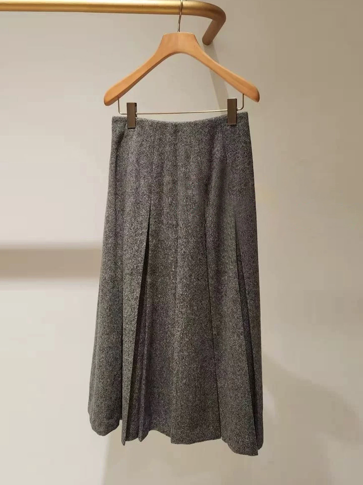 Długa wełniana spódnica w kratę dla kobiet, jesienno-zimowa, w stylu uniwersyteckim, do ziemi, składana, prosta, do pracy, z wysokim stanem, w kształcie litery A.