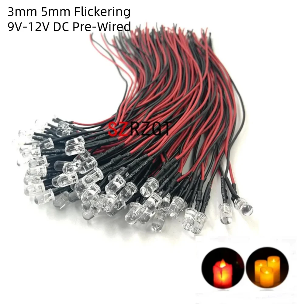 10pcs 3mm 5mm Flickering 9V-12V DC Pre-Wired Water Clear Candle Leds Red Yellow Blue Green White Orange Flicker Light Lamp Bulb