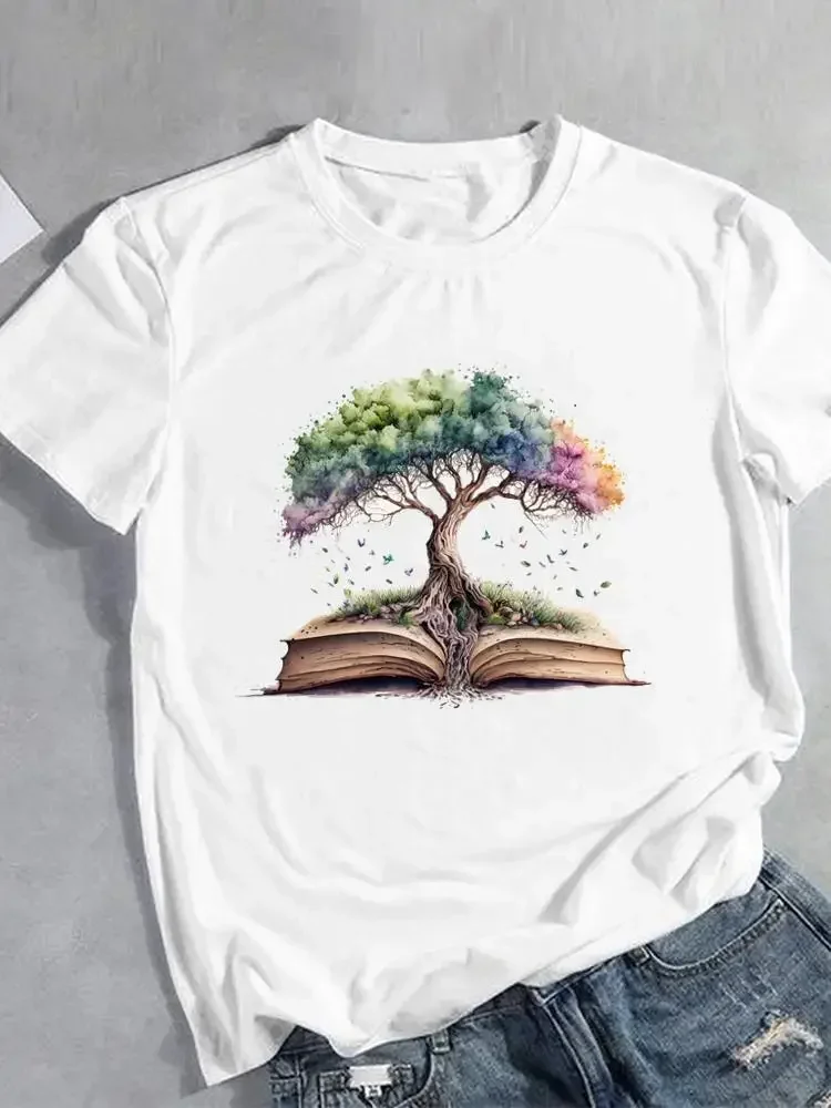 

Fashion Lady Casual T-shirts 2024 Print T Female Clothing Tree Lovely Watercolor Vintage Graphic Tee Clothes Short Sleeve Women