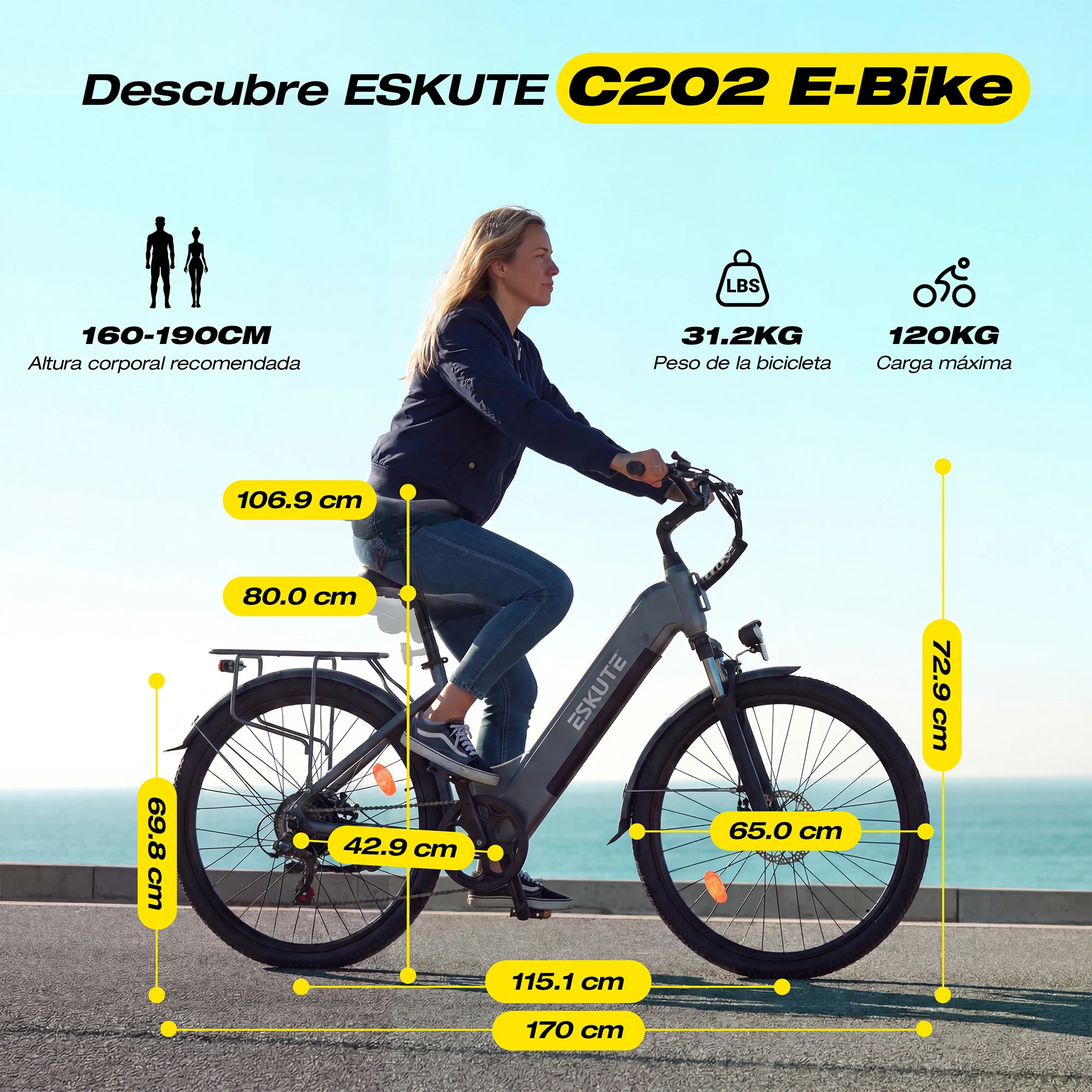 ESKUTE C202 Elektrofahrrad für Erwachsene, 250W Leistung, 48V 17,5AH, Reichweite 50-80km, All-Terrain-Elektrofahrrad.