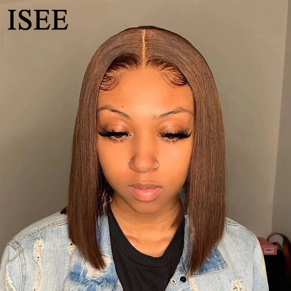 

Wear And Go Chocolate Brown Straight Wig Lace Front Human Hair Wigs ISEE Hair Glueless Bob Wigs PreCut PrePlucked Colored Wigs