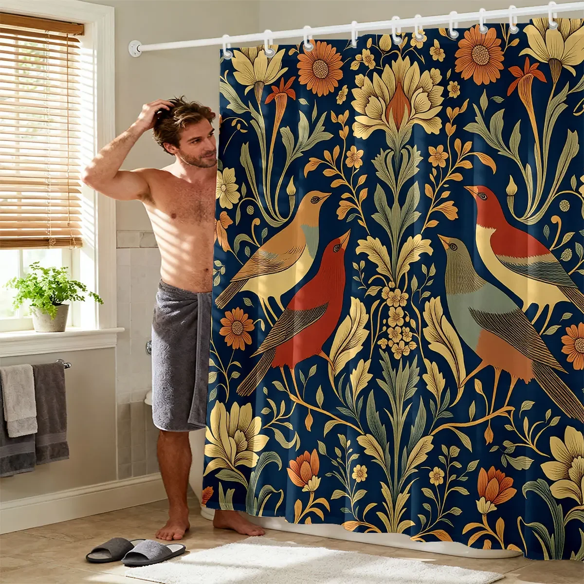 1pc Retro Flower Printed Shower Curtain Multi Size Partition Privacy Bathroom Hanging Curtain Fashion Home Decoration