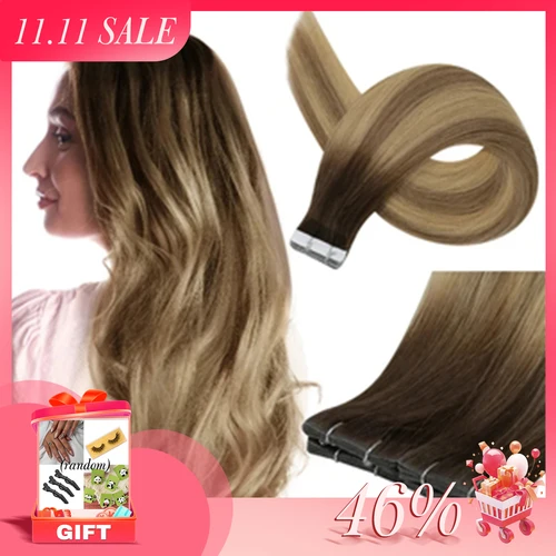 Imagen 1 del producto Cinta de inyección virgen de brillo completo en extensiones de cabello humano, cinta Invisible atada a mano en extensión de cabello, adhesivo Natural de cabello humano