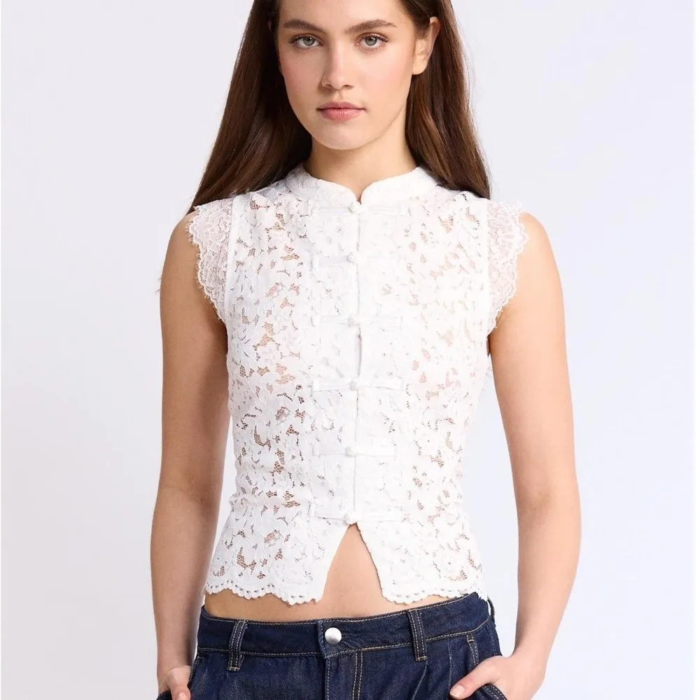 Tanktop Slim Fit Spitzen-Crop-Top Stehkragen Ausgeschnittenes Ärmelloses Top mit Froschknöpfen Sommer Y2K Mädchen-Oberteil Streetwear – Detail 6