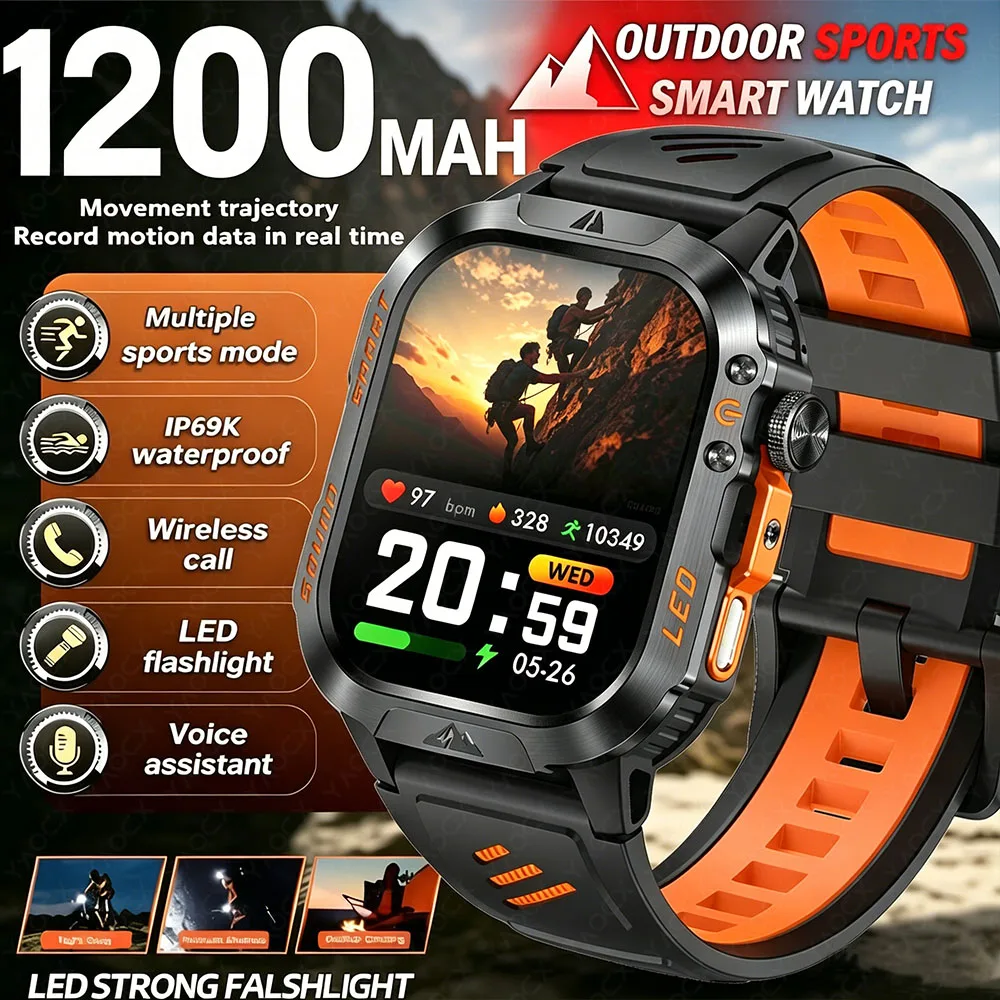 

2026 Global Hiking Smartwatch 2.01''Screen 1200mAh Battery LED Light Heart Rate IP68 Voice Assistant Outdoor Sport Fitness Watch