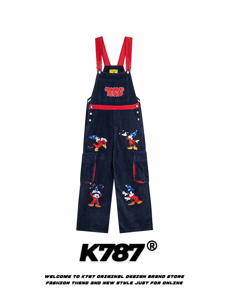 

K787 American Retro Embroidered Corduroy Overalls Men's Casual Straight Leg Workwear Trousers High Waist Wide Leg Jeans
