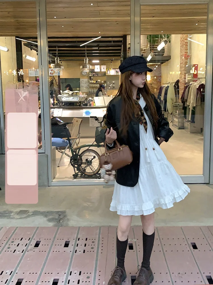 

Miaolab PU Protein Leather Jaet round Neline Women's Faionable Slim Fit Coat Korean Sle Commute Wind Youth Size