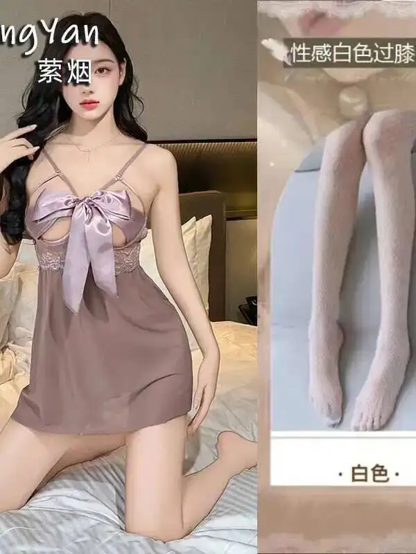 セクシーなランジェリーメッシュレース薄手の甘いミニドレス誘惑的な股開きホット情熱的なセット蝶ネクタイドレスエレガントなトップス KKZ3