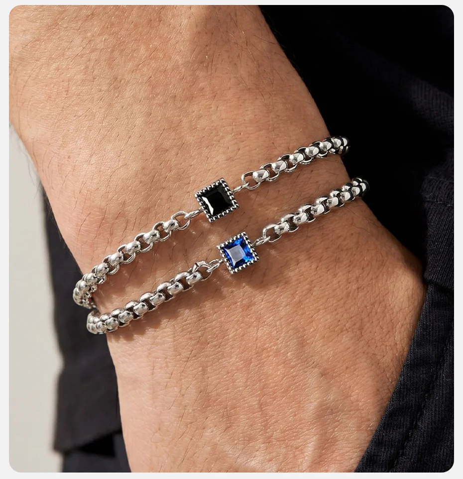 Vnox Herren-Armband mit quadratischer schwarzer blauer Zirkon-Boxkette, verstellbares 18–23 cm langes Gliederarmband aus Edelstahl, Modeschmuck, Geschenk – Detail 3