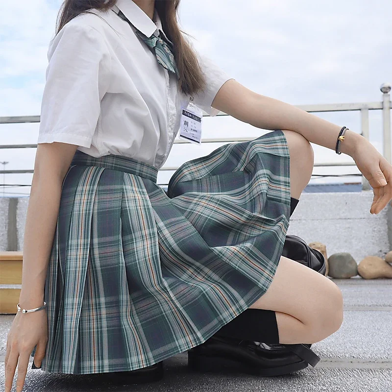 女性のための日本の学生服,韓国の制服,緑のブラウス,プリーツスカート,完全なセット,女の子の市松模様のスカート,ピンクの女性のユニフォーム,新しい