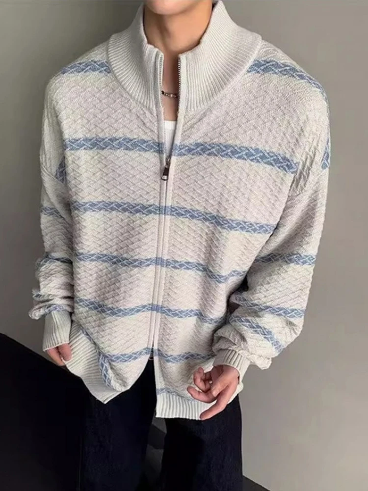 

Loose Fit Men's Knitted Cardigan Sweater Autumn Casual Sle Color Blo Striped Design Stand Collar Long Sve Soft Polyester