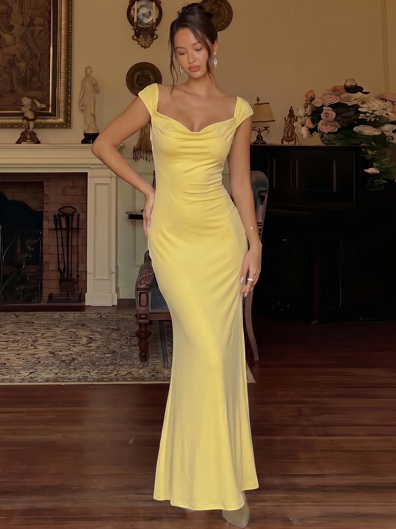 Hugcitar Elegantes, kurzärmliges, einfarbiges, rückenfreies Bandage-Maxikleid für Damen, Sommerkleidung für Damen, Abendparty, Festival