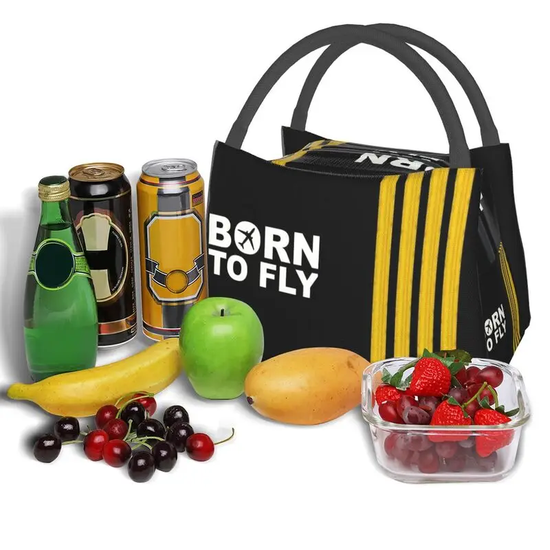 Born To Fly Flight Pilot Thermal Insulated Lunch Bag Aviation Aviator Captain Lunch Tote Box for Women School Picnic Food Bags