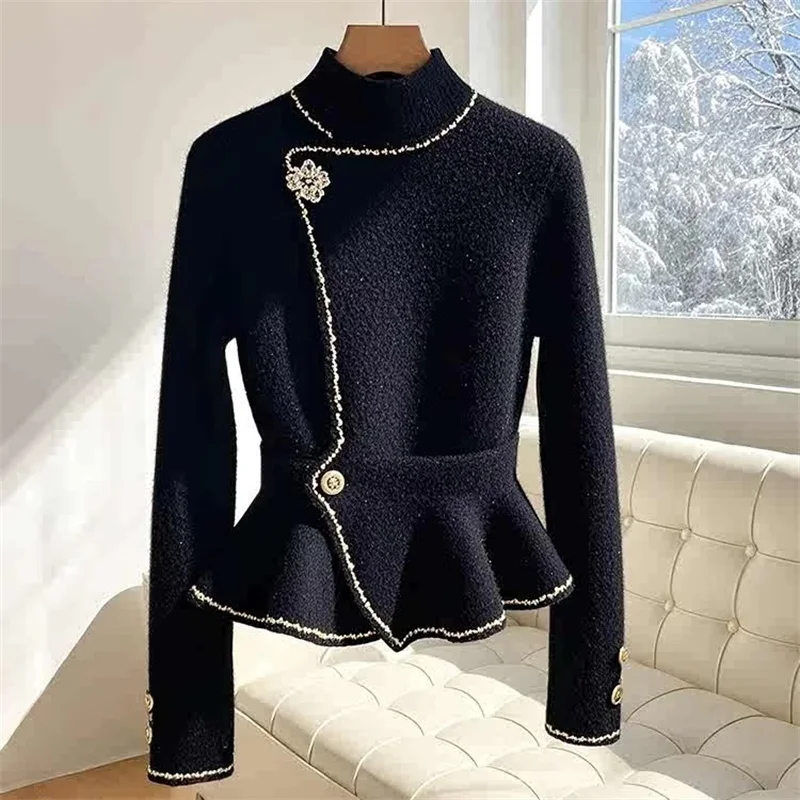 

Autumn Winter French Knitted Sweater Pullover High-Grade Bottoming Shirt Unique Chic Black Turtle Neck Knitwear Tops Female