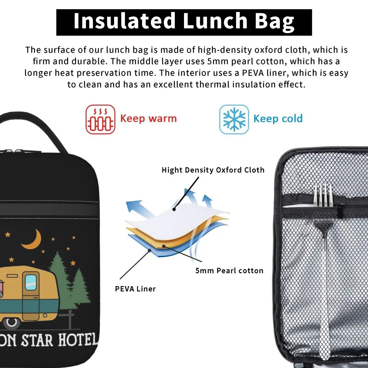 Camping Happy Camper Insulated Lunch Bag for Women Children Portable Food Boxes Thermal Lunch Box Tote