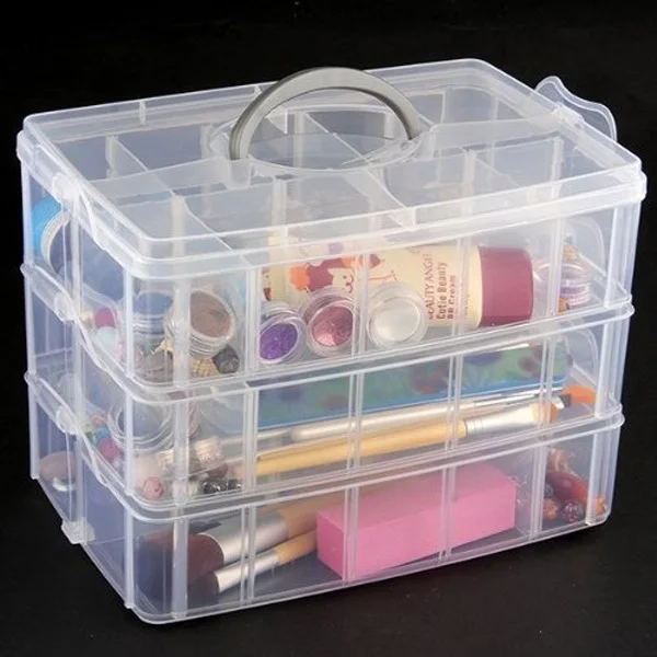 3-lagige transparente Kunststoff-Aufbewahrungsbox, Schmuck-Organizer, abnehmbare Fächer, Tragegriff, Make-up-Behälter