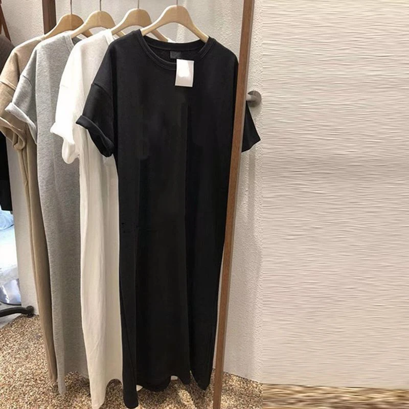 Plus Size Dames Casual Ronde Ne Ort Sve T-shirt Dr Koreaanse Sle Zomer Losse Knielange Dr Pure Kleur