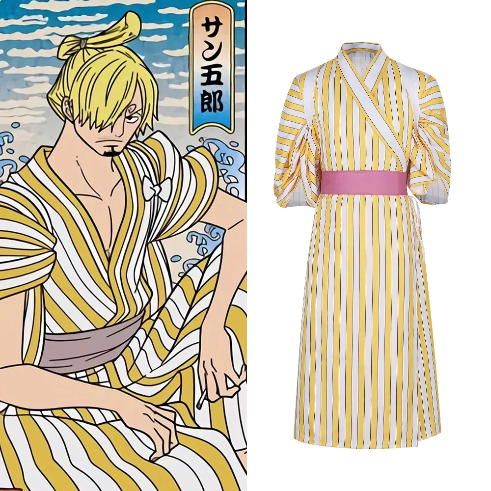 

Костюм для косплея Чжи Гуо, кимоно в желтую полоску Санджи, костюм для ролевых игр на Хэллоуин