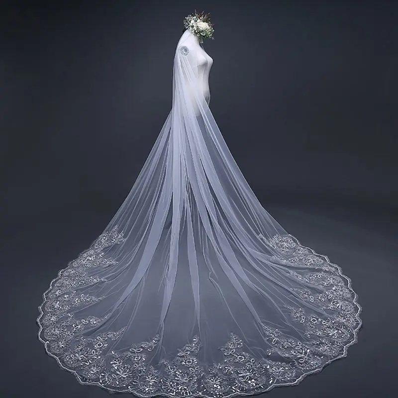 400cm long single-layer cathedral long bridal veil lace applique bridal veil with comb wedding accessories