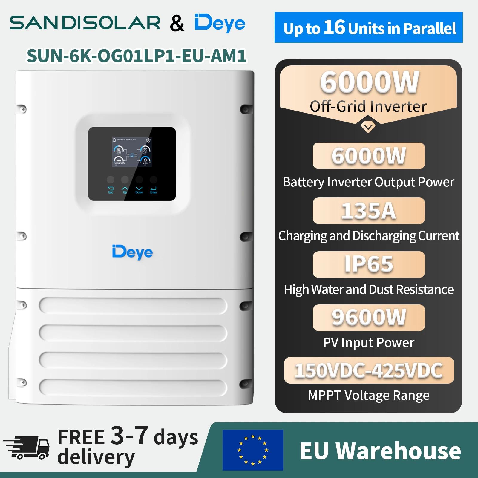 Deye SUN-6K-OG01LP1-EU-AM1 Inversor solar fuera de la red de 6000W IP65 135A MPPT 9600W Entrada fotovoltaica paralela hasta 16 unidades para sistemas solares fuera de la red y RV de granja de respaldo en el hogar