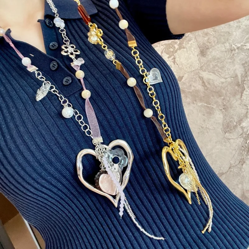 Handmade Ribbon Spliced Colorful Beaded Heart Sweater Chain, Polka Dot Flower Necklace, Women Trendy Clavicle Chain Jewelry Gift