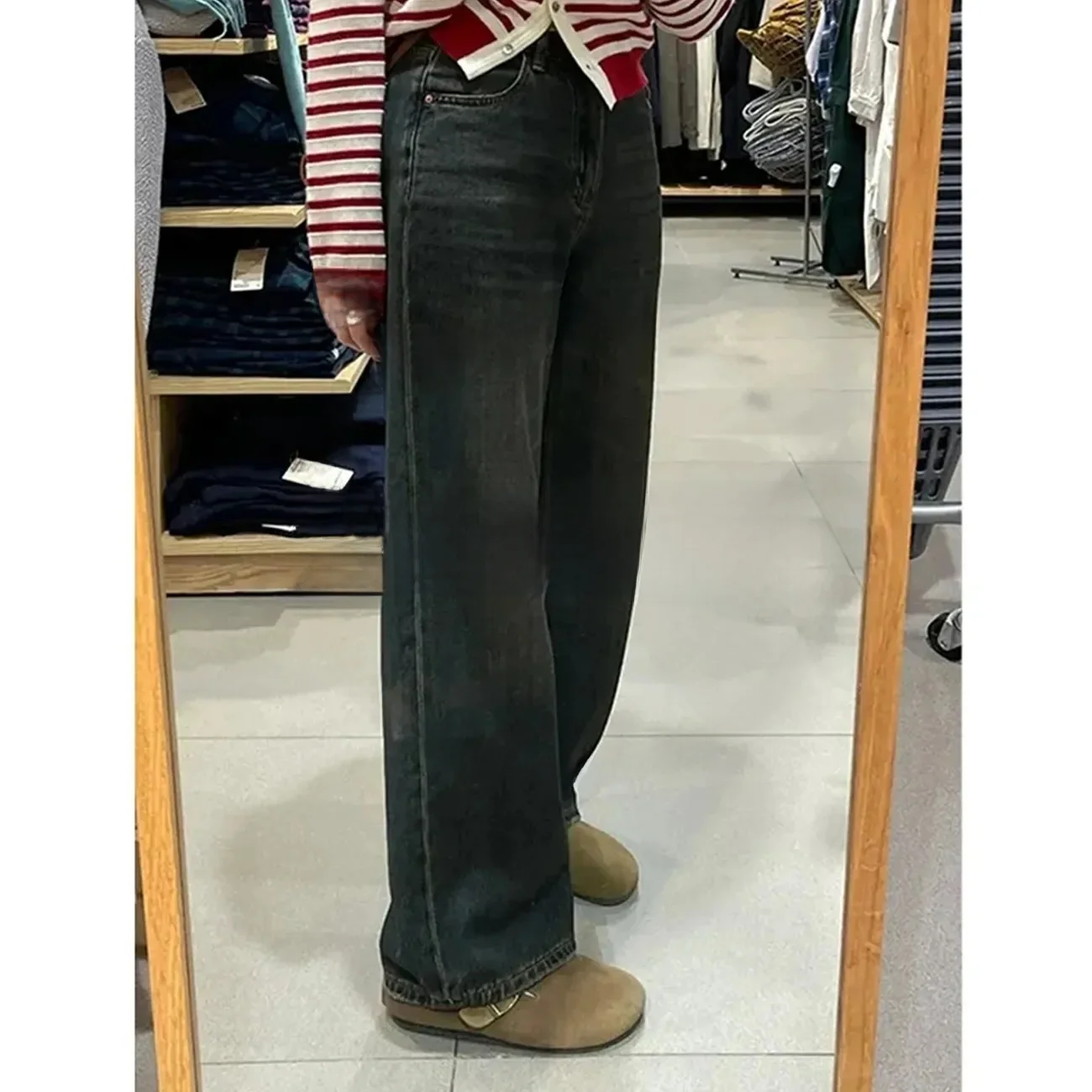 

Джинсы прямого кроя с высокой талией и широкими штанинами, женские весенне-осенние цементные винтажные длинные брюки свободного покроя для девочек