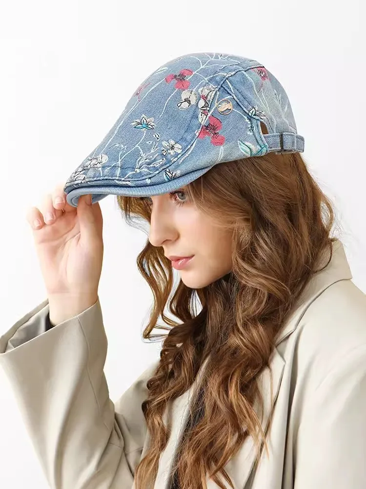 High Quality Men Women's Vintage Print Denim Hat Spring Autumn Beret Fashion Cap TB039