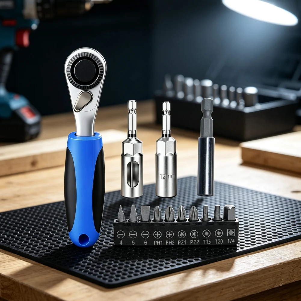 94mm Ratchet Wrench with 1/4 Inch Square Drive Accepts Standard Hex Bits and Includes Extension Rod for Hard-to-Reach Fasteners