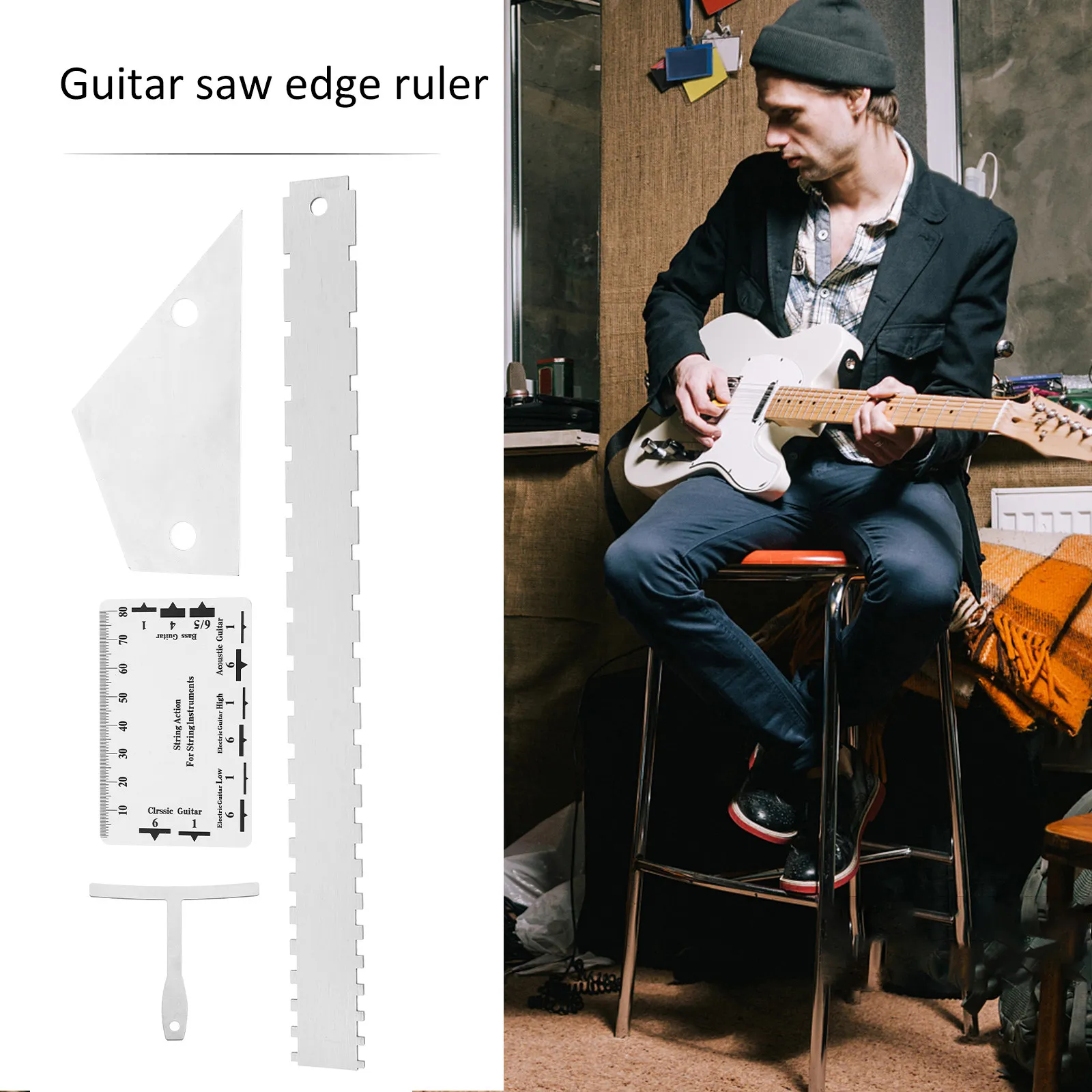 12Pcs Guitar Tools Kit Precision String Action Ruler and Fret Rocker for Electric Bass Acoustic Guitar Maintenance