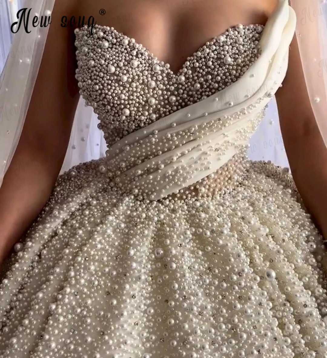 Modern Full Pearls Wedding Dress Dubai Muslim Princess Bridal Dresses Luxury 2024 Vestido De Noiva Plus Size Wedding Gowns