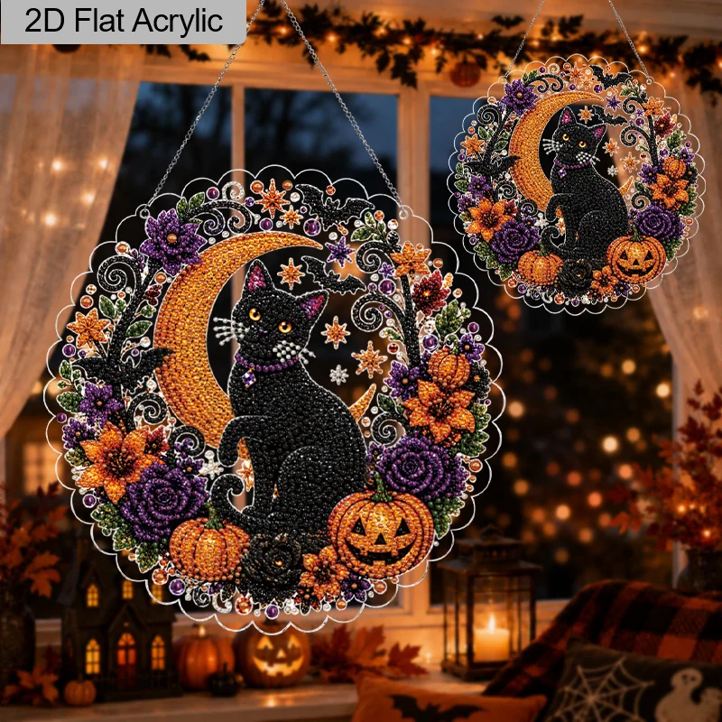 2D Flat, 1Pc 7.87/11.8inch Halloween Black Cat Pumpkin Crescent Moon Pearl Diamond Arts Suncatcher Kit, Acrylic Hanging
