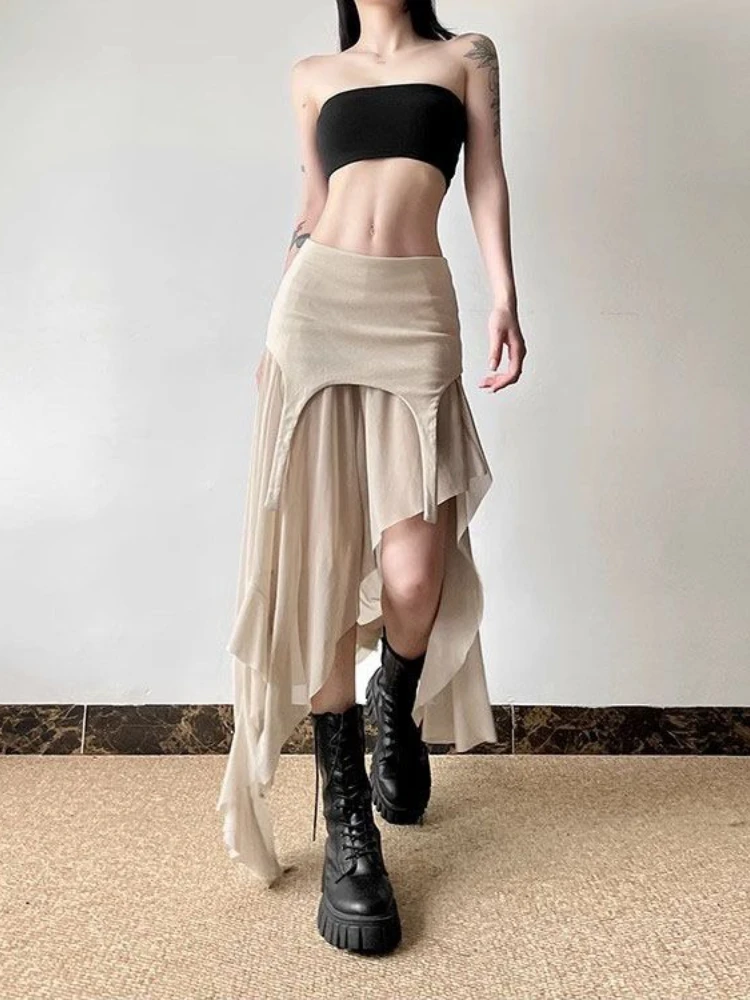 

Irregular Skirts Gauze Patchwork Y2k Punk Gothic Forked Long Skirt for Women Harajuku Aesthetics Streetwear Women Clothing 2025