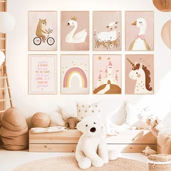 Princess Rainbow Unicorn Castle Crown Swan Wall Art Canvas Painting Poster Quote Nursery Print Pictures For Girl Kids Room Decor