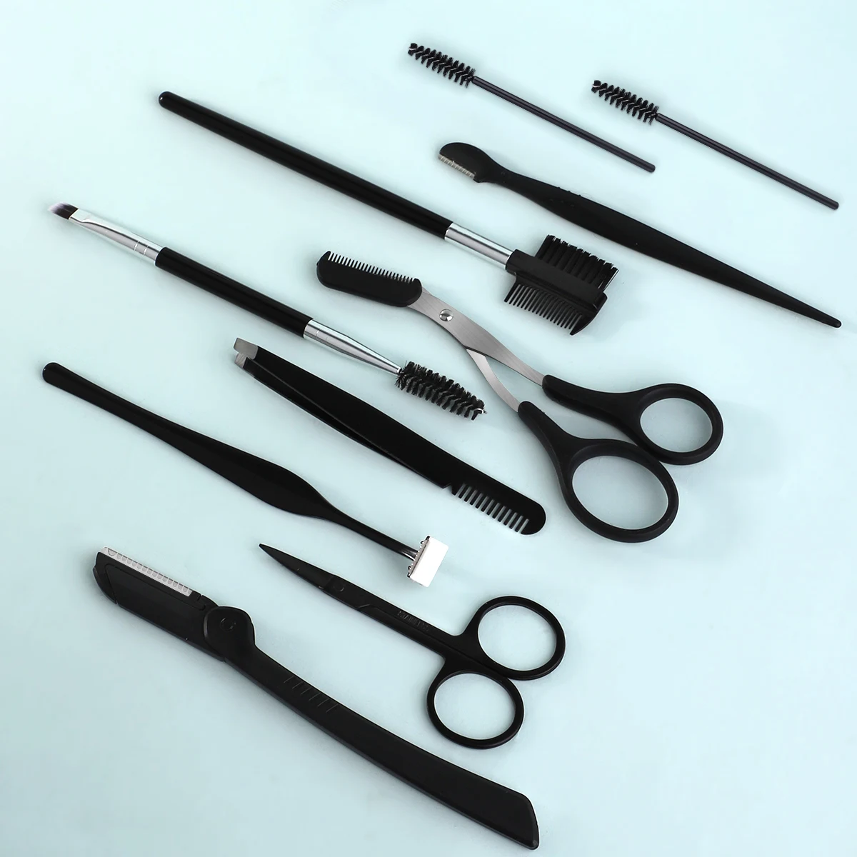 10-piece eyebrow trimmer set includes scissors, tweezers, eyebrow shaver, eyebrow comb and eyebrow clip,  daily makeup tool set