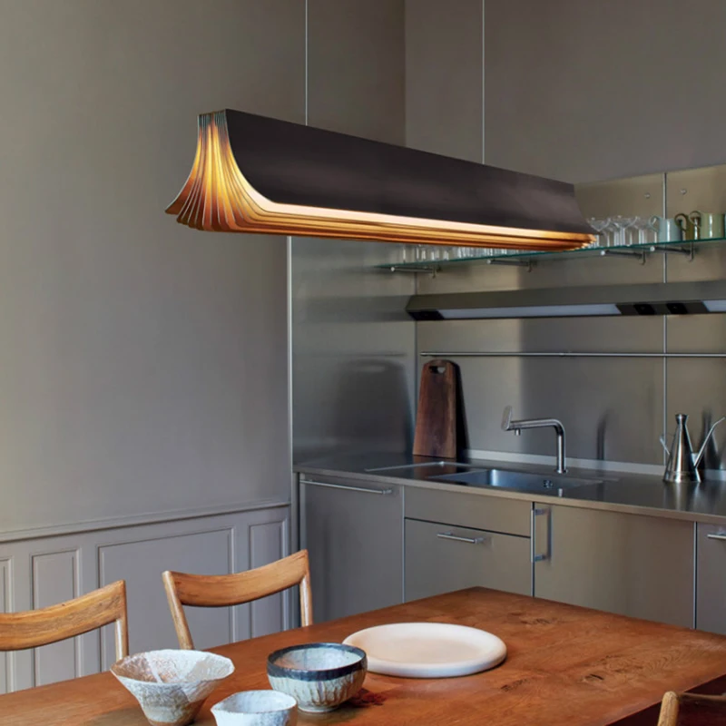 Post Modern Long Linear Pendant Light Creative Book Shape Design LED Chandelier Kitchen Island Cafe Dining Table Hanging Lamp