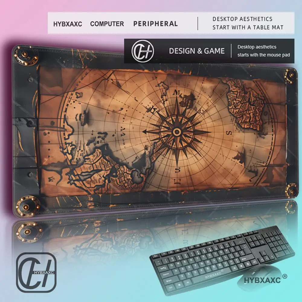 

HYBXAXC A Large Gaming Mouse Pad Featuring a Vintage-Style World Map Filled with Sailboats And Nautical Elements