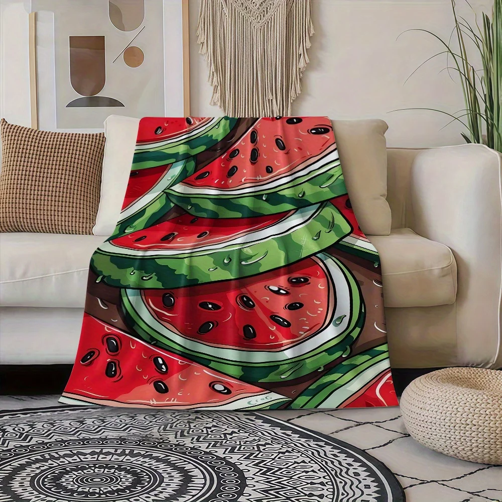 1pc Watermelon Print Flannel Blanket - Soft Warm All-Season Bedspread with Red, Green, Black & Brown Watermelon Slices, Cozy