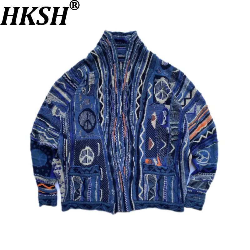 

HKSH Spring Autumn New Man Tide Punk Japanese Retro Ancient Heavy Loose Sweater Knitted Color Contrast Cardigan Robe Ins HK9776