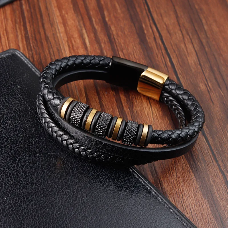 New explosions cowhide rope bracelet stainless steel hand-woven bracelet leather multi-layer jewelry unisex.