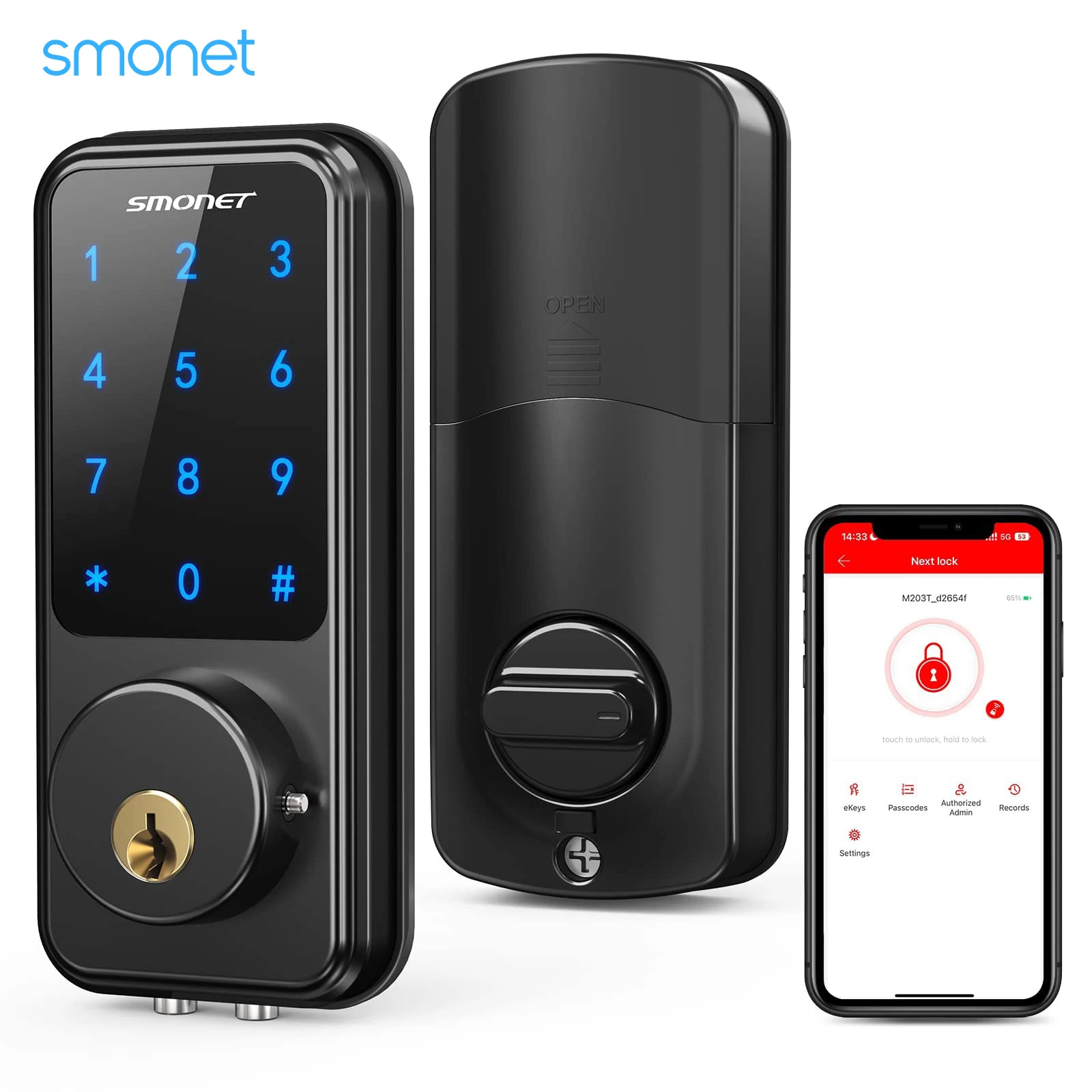 Smonet Keyless Entry Smart Door Lock, Exterior Front Doors Deadbolt Electronic Digital Keypad Bluetooth Locks for Home Office