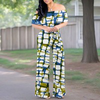 Women Off Shoulder Jumpsuit Olive Green Navy Grid Print Belted Wide Leg Romper Artistic Style