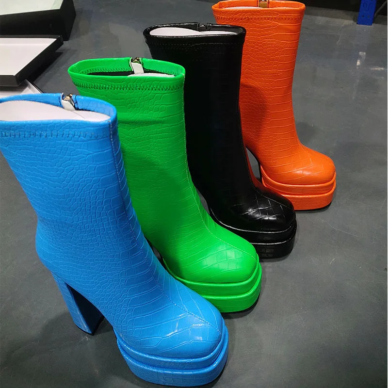 2022 New Fashion Rain Boots Snake Pattern Side Zipper Women Shoes Solid Color Water Proof Botines Chunky SquareToe High Heels