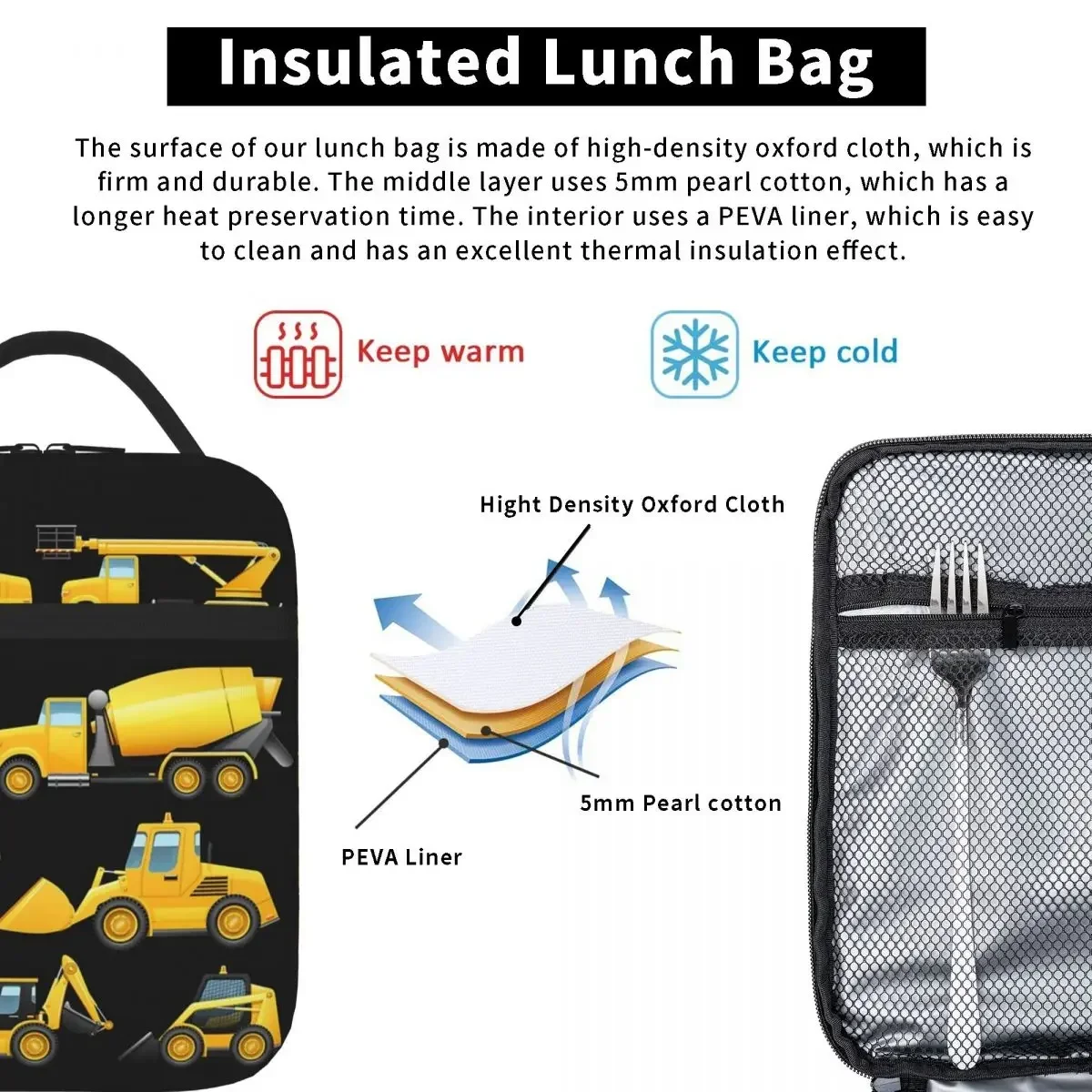 Construction Truck Excavator Insulated Lunch Bags Resuable Picnic Bags Thermal Cooler Lunch Box Lunch Tote for Woman Kids School