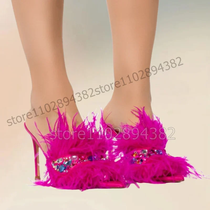 Różowe Czerwone Pióra Kolorowe Kryształowe Ozdoby Klapki Wsuwane Damskie Buty Cienkie Wysokie Obcasy Modne Bankietowe 2025 Zapatos Para Mujere