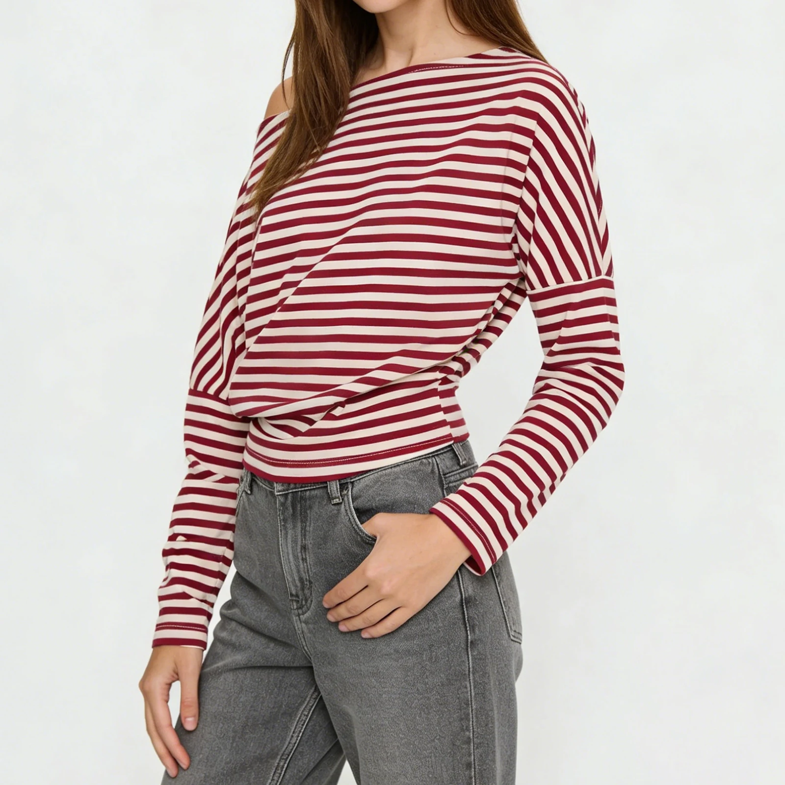 

Womens Fashion Shirts Tops Chic Tee Blouse Female Long Sleeve Streetwear Off One Shoulder Striped Print Loose Fit Clothes