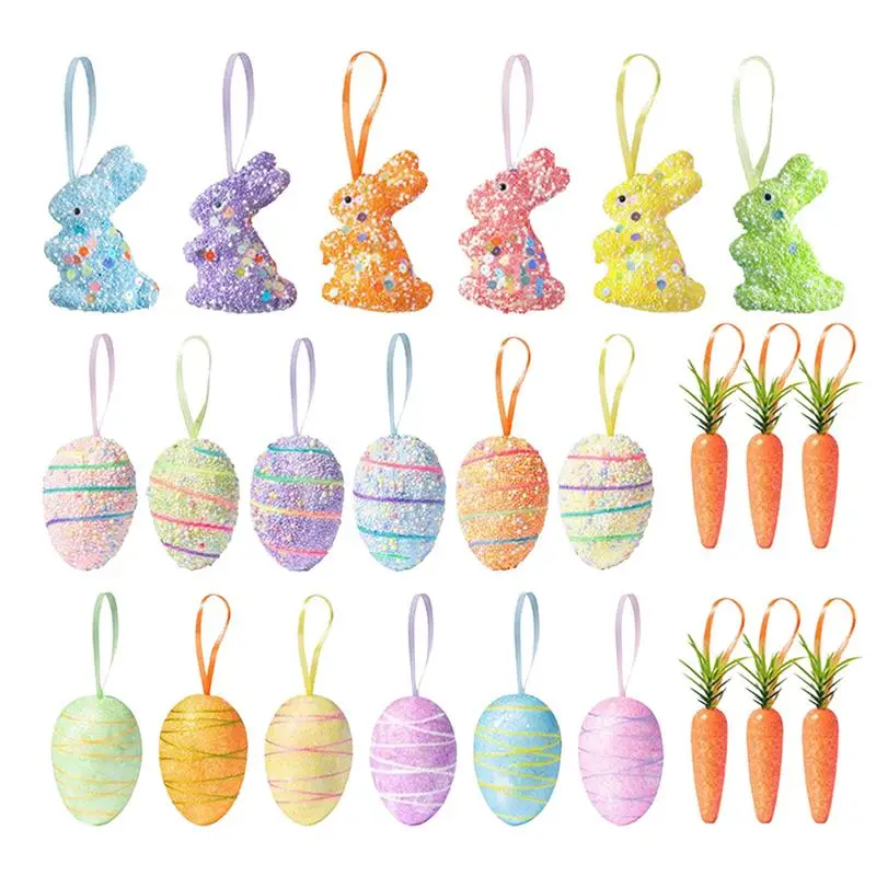 

24pcs Painted Foam Easter Eggs Rabbit Hanging Ornaments Decoration for Home Easter Tree Pendants Basket Decor Kids Gift 2025