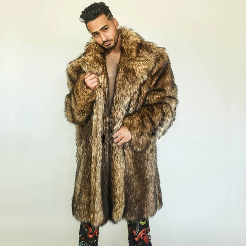 

Men Autumn Winter Thick Maxi Faux Fox Fur Coat Jacket Punk Men's Warm Luxury Fur Black Parkas Bontjas Furry Shaggy Outerwear