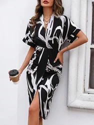 Bohemian Dress Summer Deep V-neck Print Irregular Dresses Women Casual Short Sleeve Dresses For Women 2024 White Elegant Robe