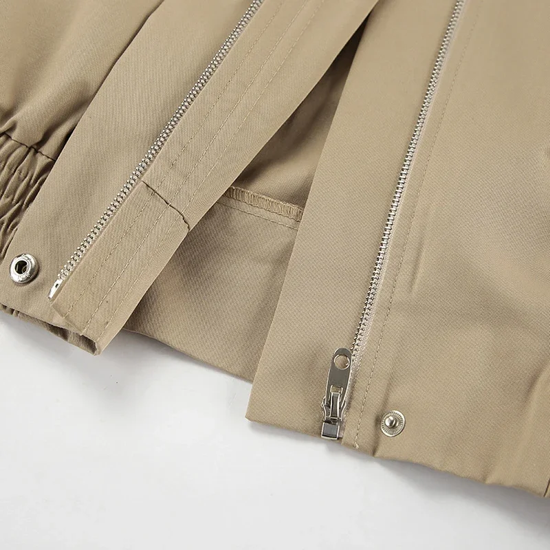 Khaki Short Windbreaker Women Flip Collar French Casual Workwear Coat Loose Pilot Jacket Autumn Fall New Fashion Female Clothing